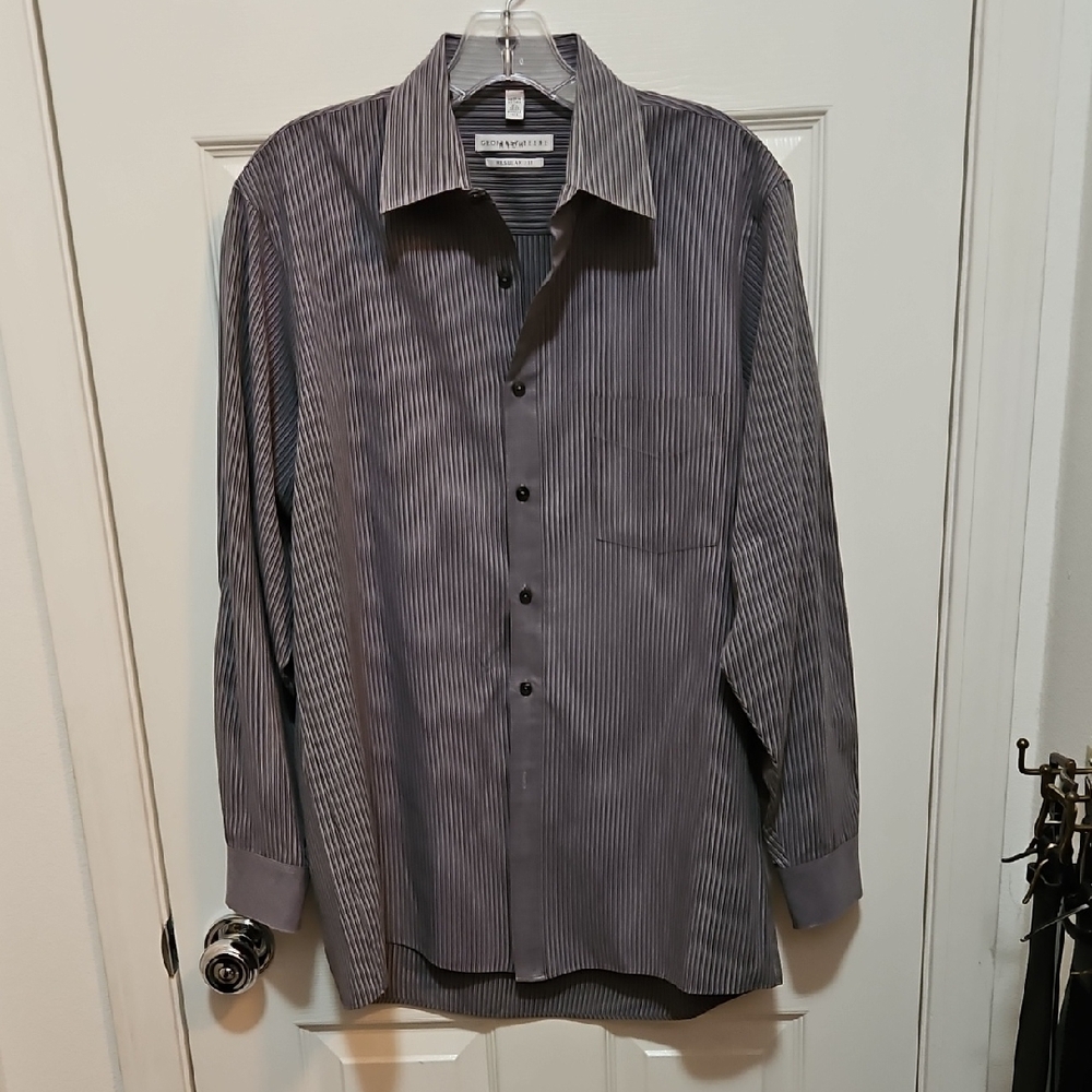 Geoffrey Beane Gray Stripe Dress Shirt-Men 15 1/2 32/33 Vintage